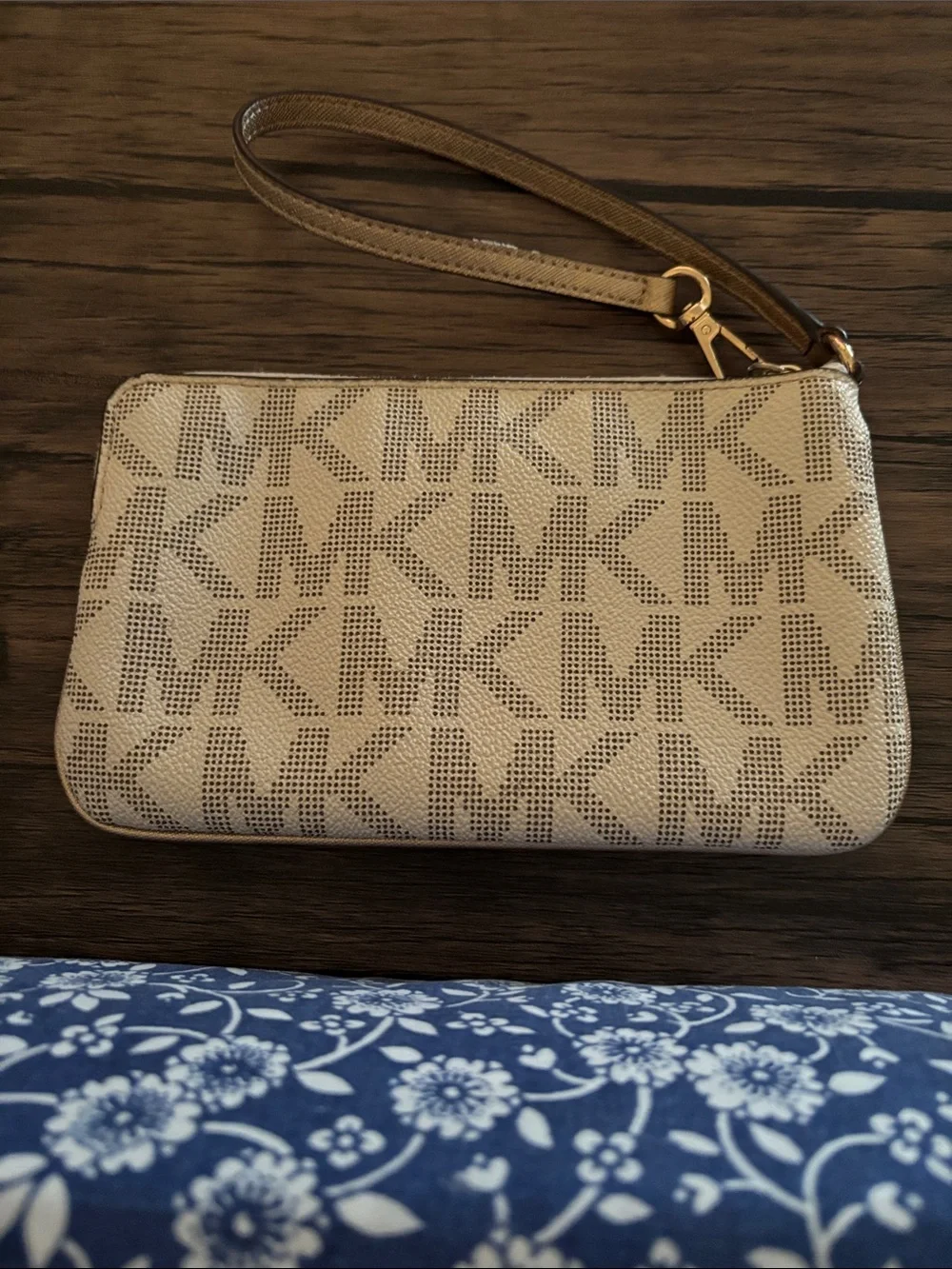 Michael Kors Jet Set Beige and Gold MK Logo Wristlet